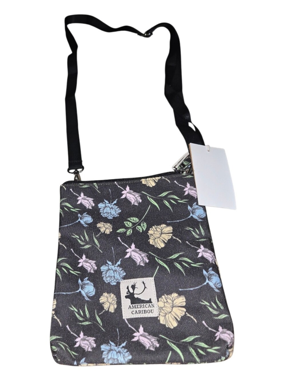 American Caribou Floral Crossbody Bag Black Adjustable Strap Pastel Flower Print